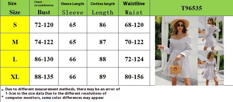 V-neck Smocking Simple Plaid A- Line Solid Color Dress Women