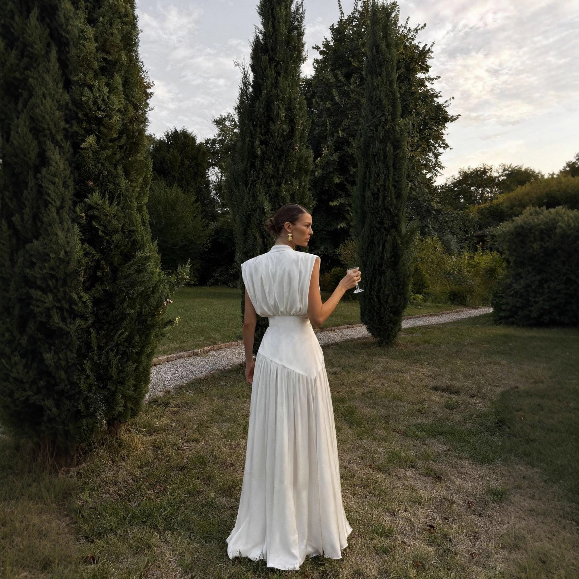 Womens V-neck Cinched-waist Slit Maxi Dress