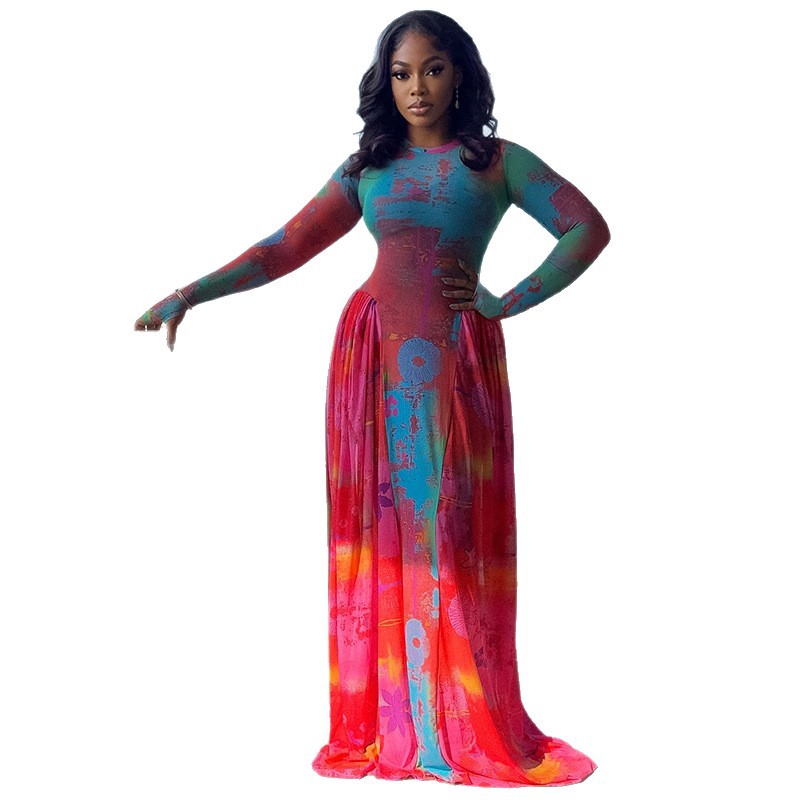 Retro Pleated Printed Patchwork Waist-cinching A-line Skirt