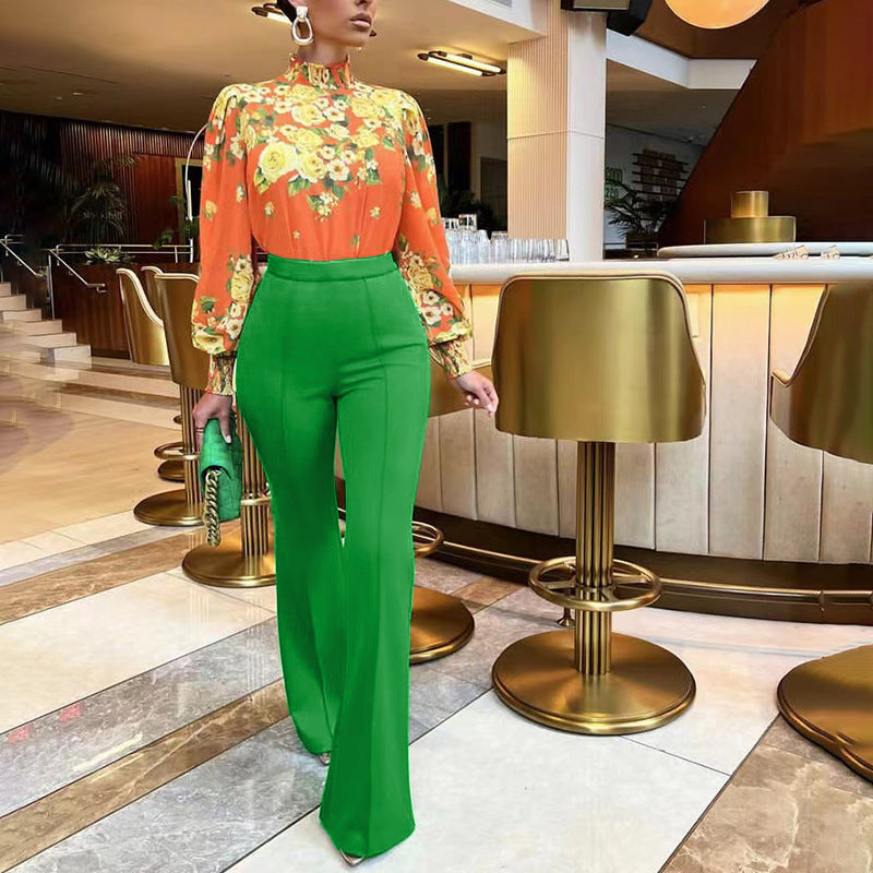 Slim Fit Slightly Flared Versatile High Waist Wide Leg Trousers