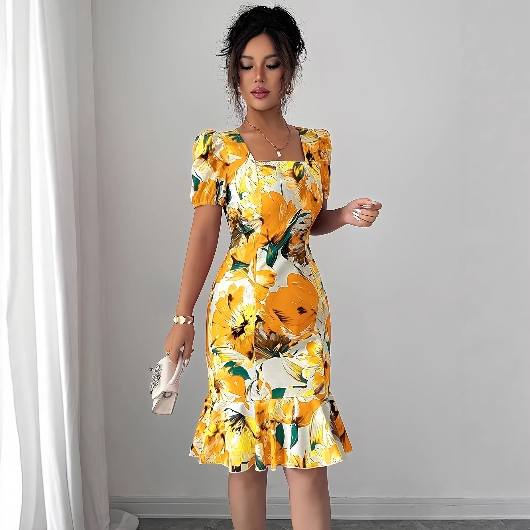 Womens Retro Square-Neck Puff-Sleeve Waist-Cinching Ruffle-Trim Dress