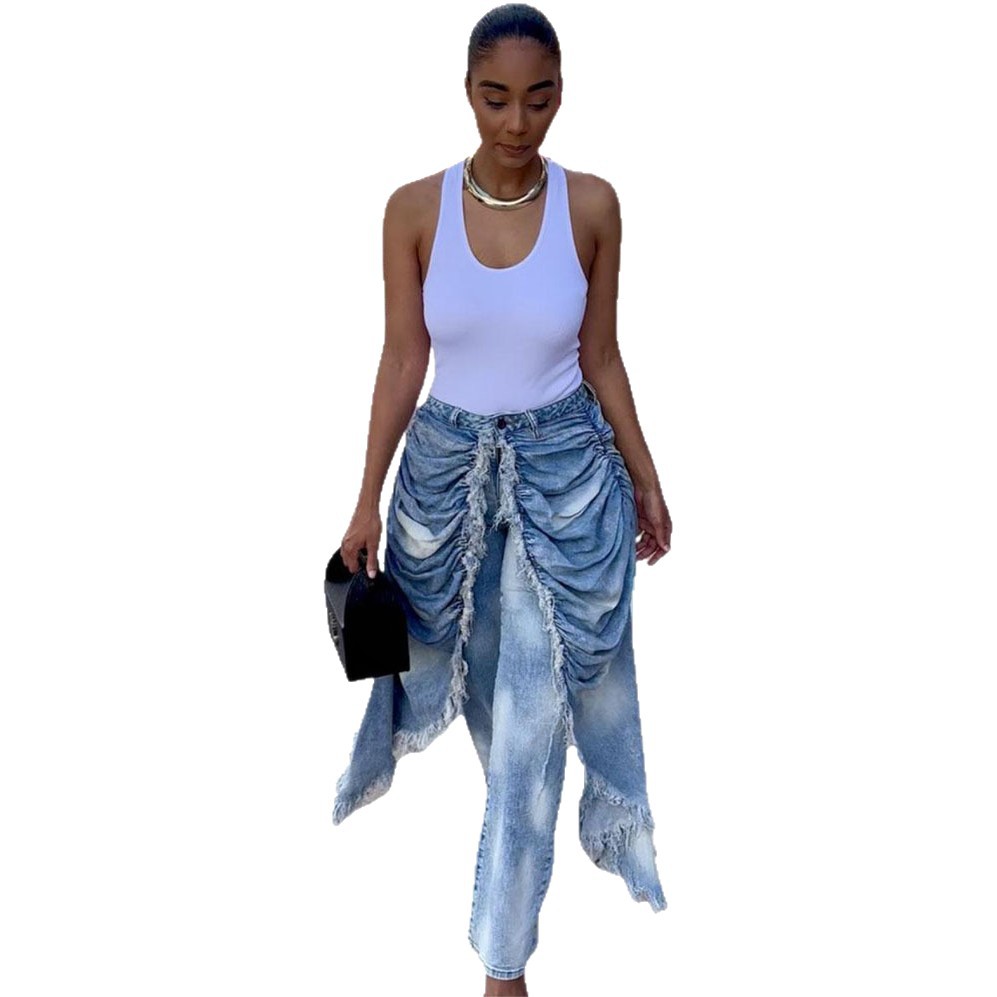 Womens High-Waisted Denim Jeans With Ruffled Hems