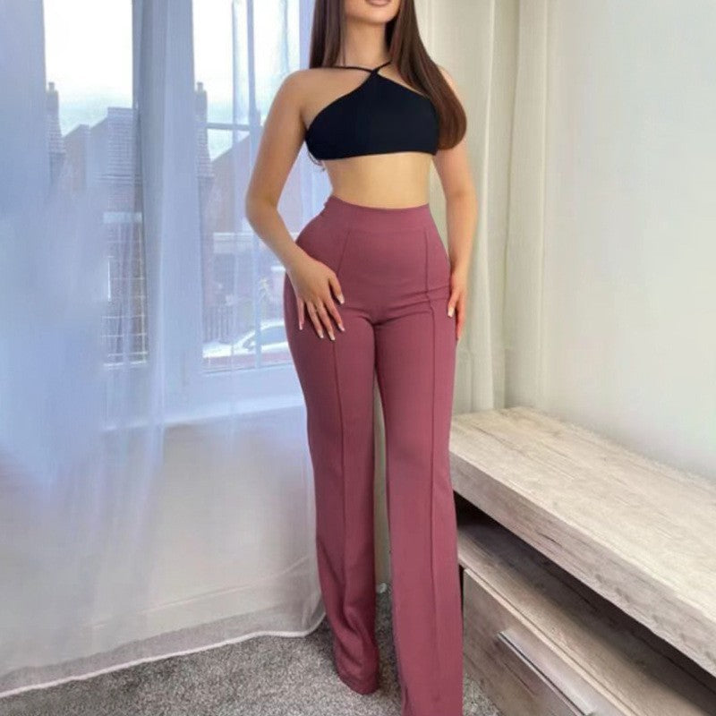 Slim Fit Slightly Flared Versatile High Waist Wide Leg Trousers