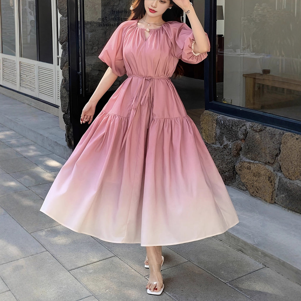 Bubble Sleeve Women's Mid-Length Waist-Cinching Elegant Dress