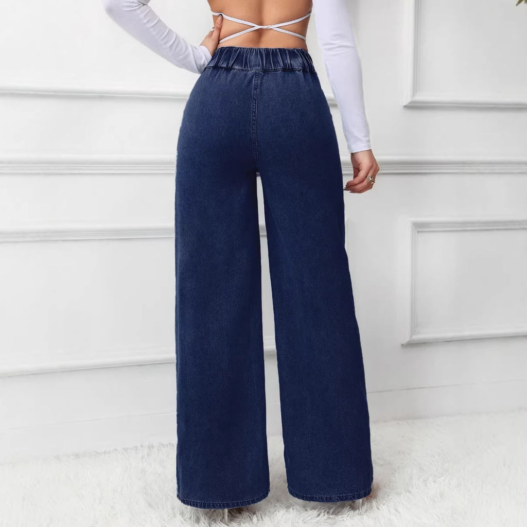 Versatile Straight-leg Loose-fit High-waisted Womens Solid-color Jeans With Double Buttons