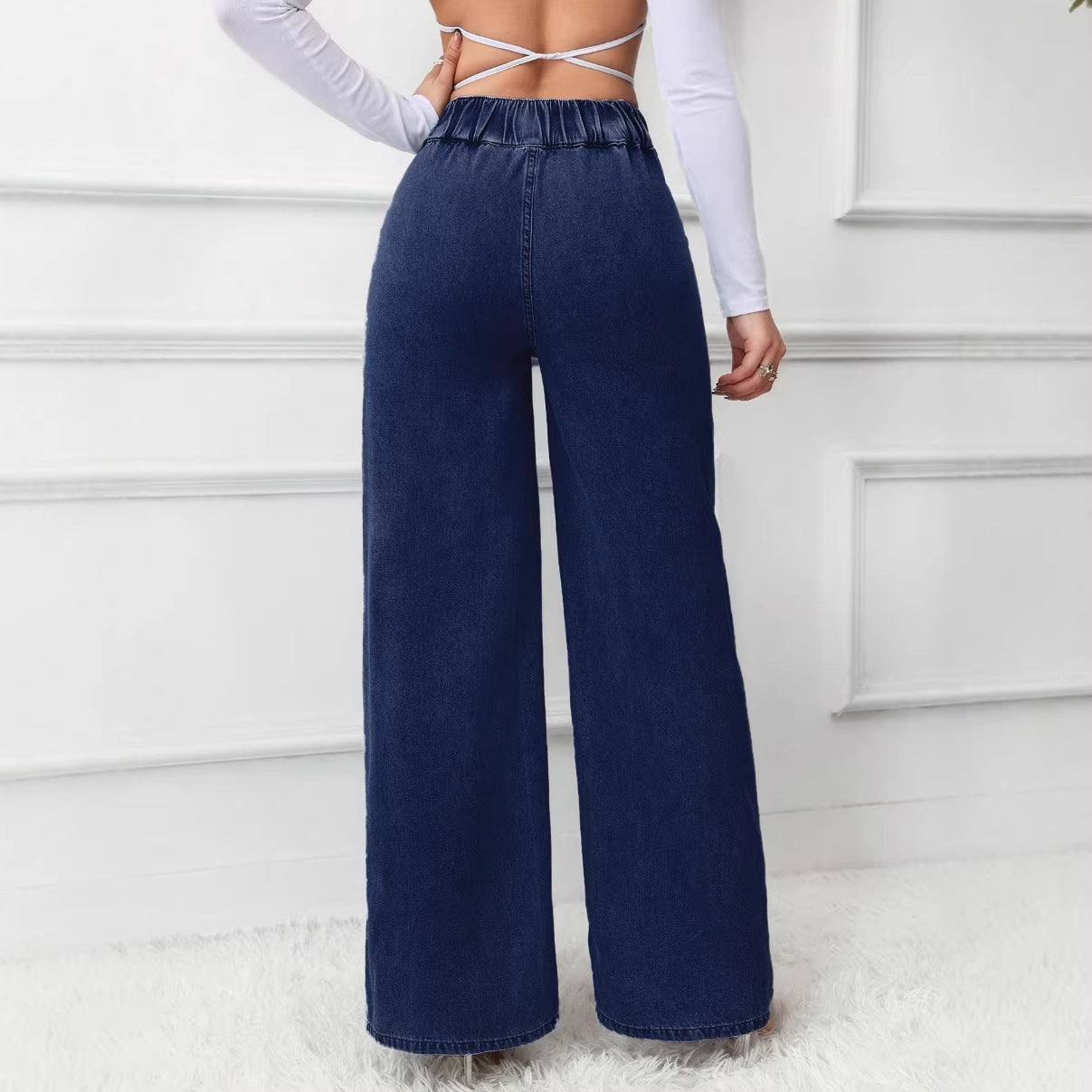 Versatile Straight-leg Loose-fit High-waisted Womens Solid-color Jeans With Double Buttons