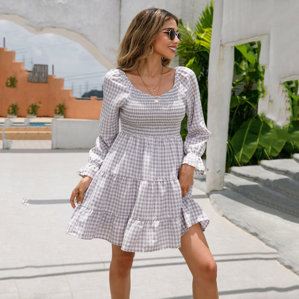 V-neck Smocking Simple Plaid A- Line Solid Color Dress Women