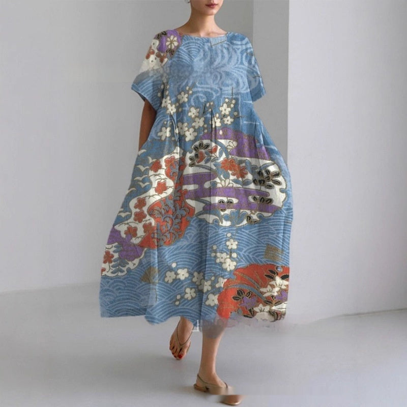 Womens 3D-printed Loose-fit Short-sleeve Dress