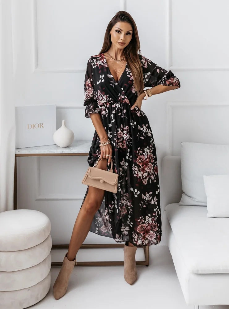 Fashion V-Neck Slim Side Slit Chiffon Print Dress