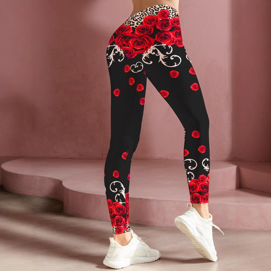 Rosed-print Leggings For Casual Wear In European And American Styles