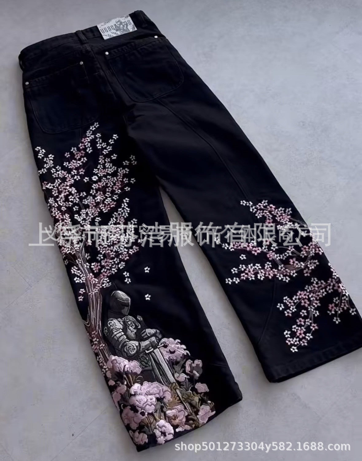 3D Digital-print Floral Faux Denim Straight-leg Floor-length Pants
