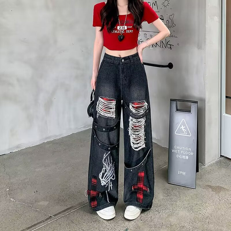 Womens Vintage Washed Distressed Ripped Jeans