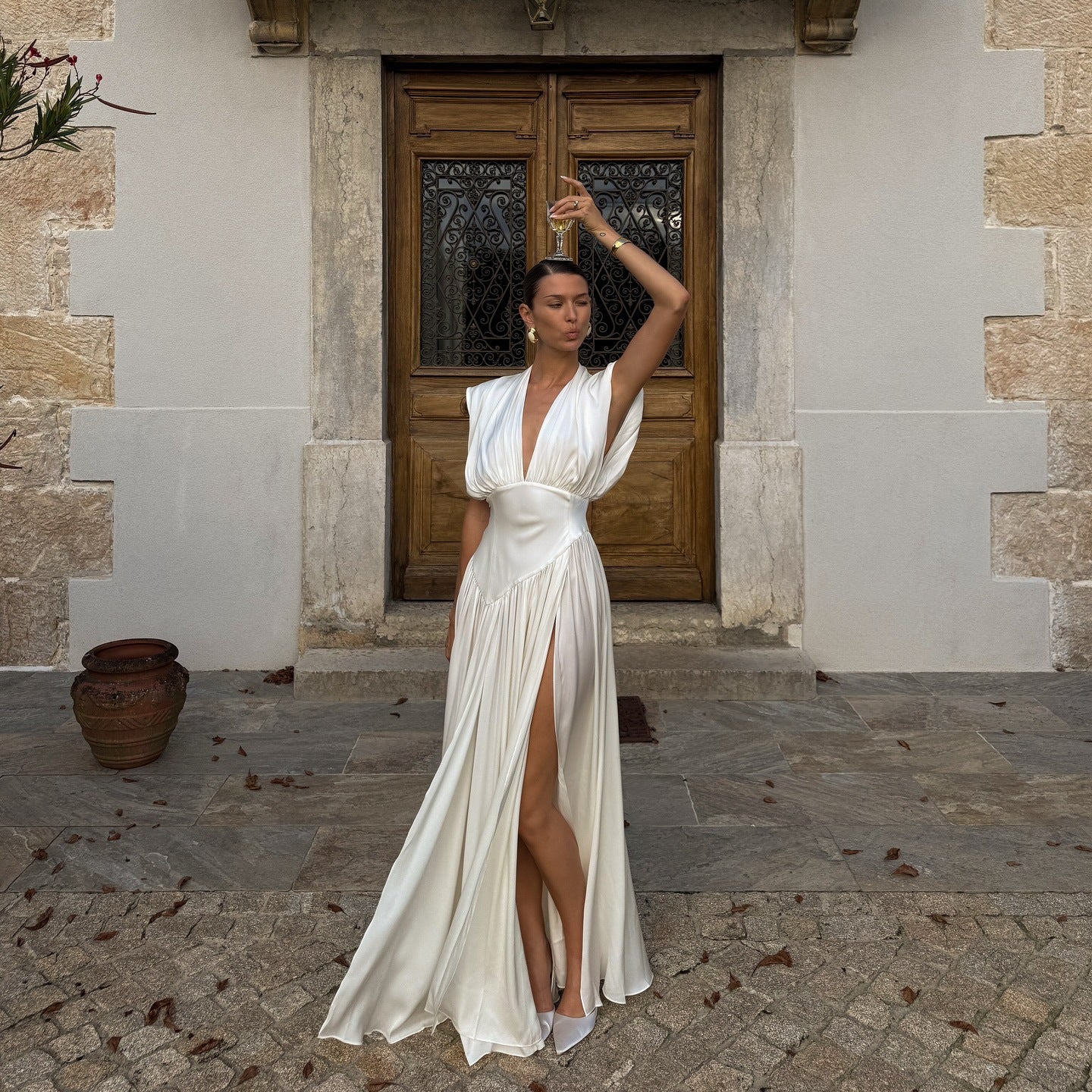 Womens V-neck Cinched-waist Slit Maxi Dress