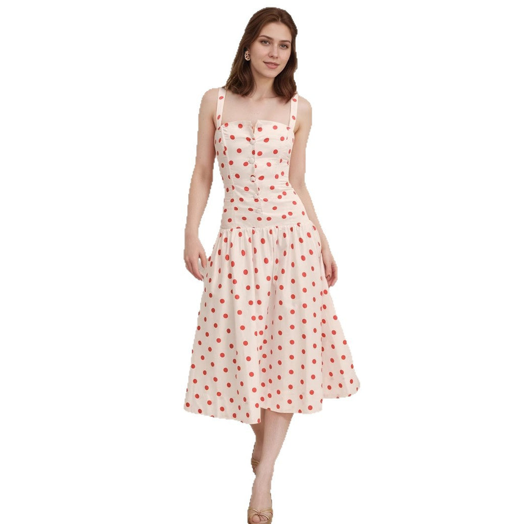 Elegant Figure-flattering Slip Dress With Polka Dots And A Cinched Waist