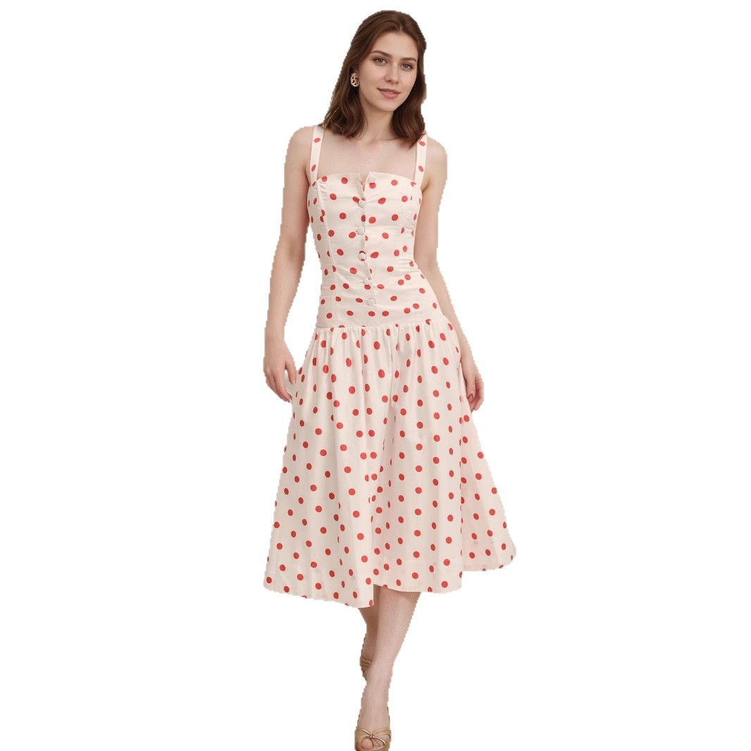 Elegant Figure-flattering Slip Dress With Polka Dots And A Cinched Waist
