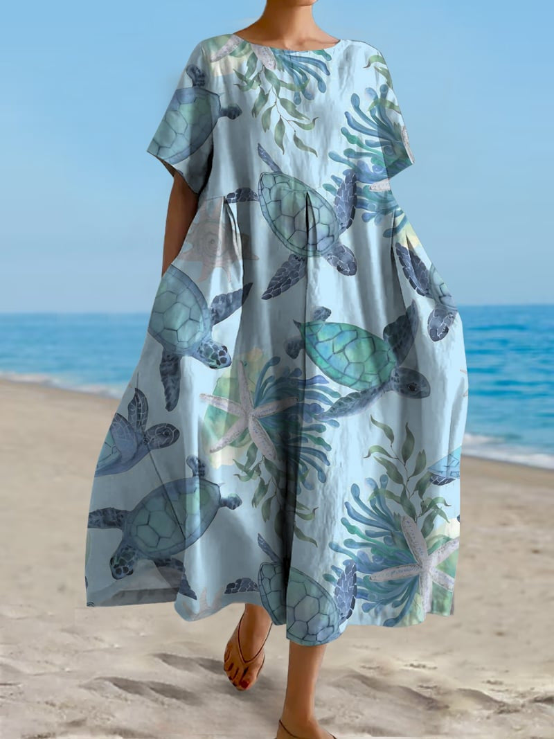 Womens 3D-printed Loose-fit Short-sleeve Dress