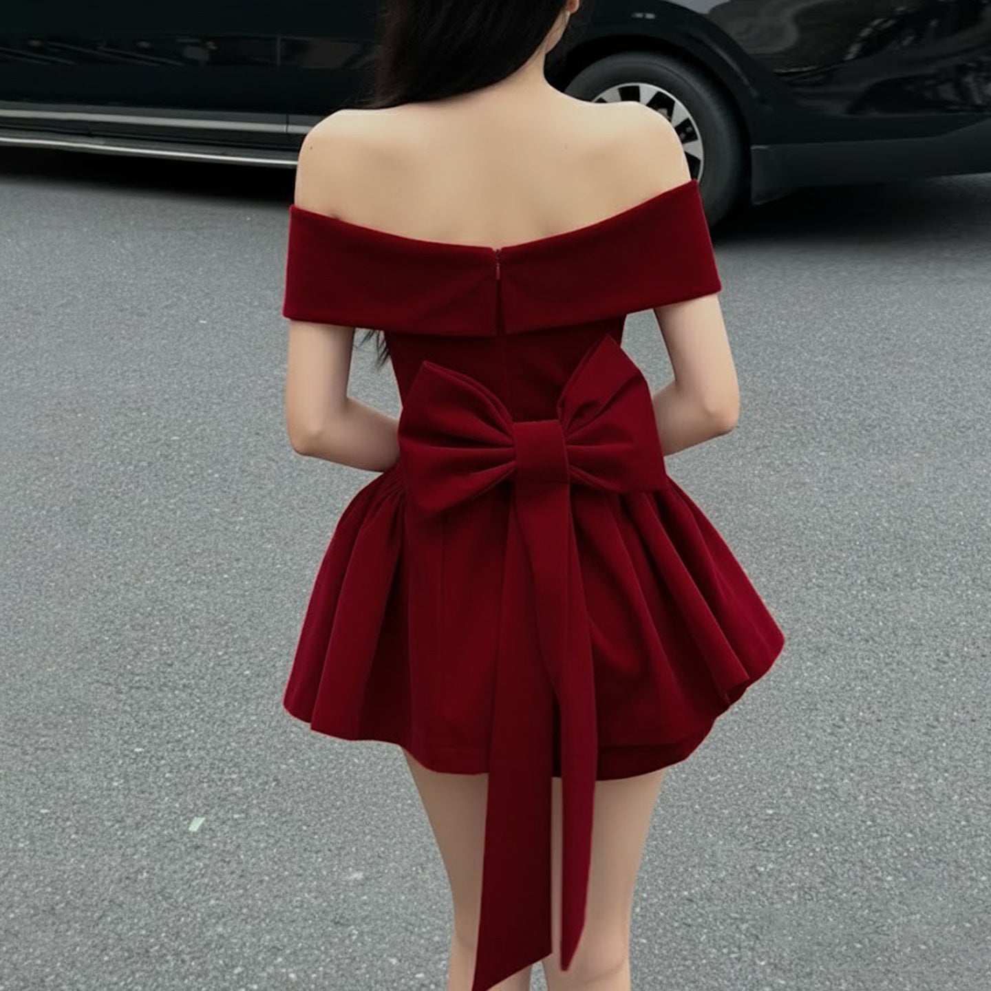 Sexy Backless Bow Red Velvet Waist-cinching A-line Dress