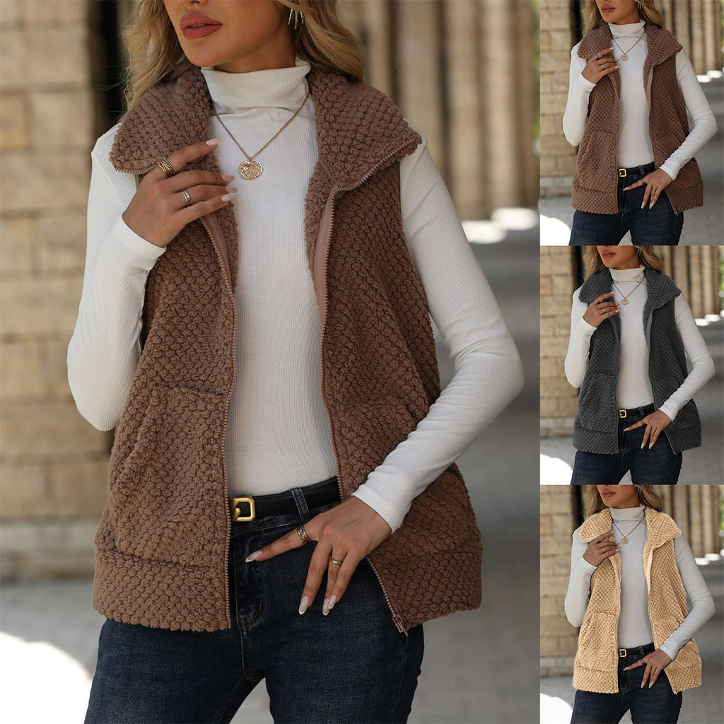 Cardigan Zipper Loose Pocket Double-Sided Fleece Vest