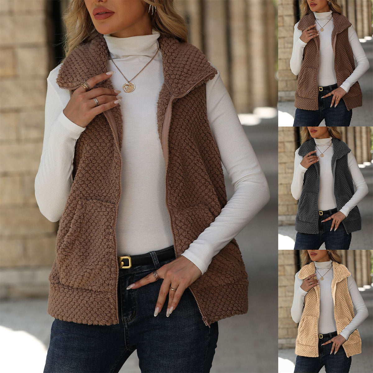Cardigan Zipper Loose Pocket Double-Sided Fleece Vest