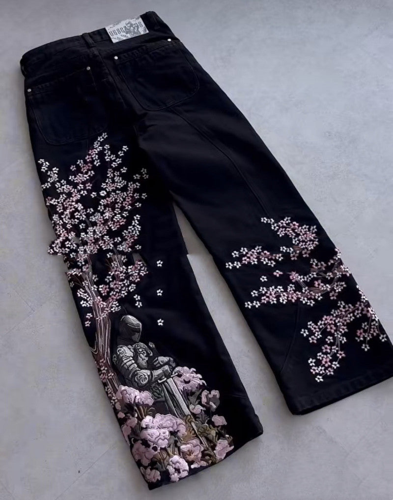 3D Digital-print Floral Faux Denim Straight-leg Floor-length Pants