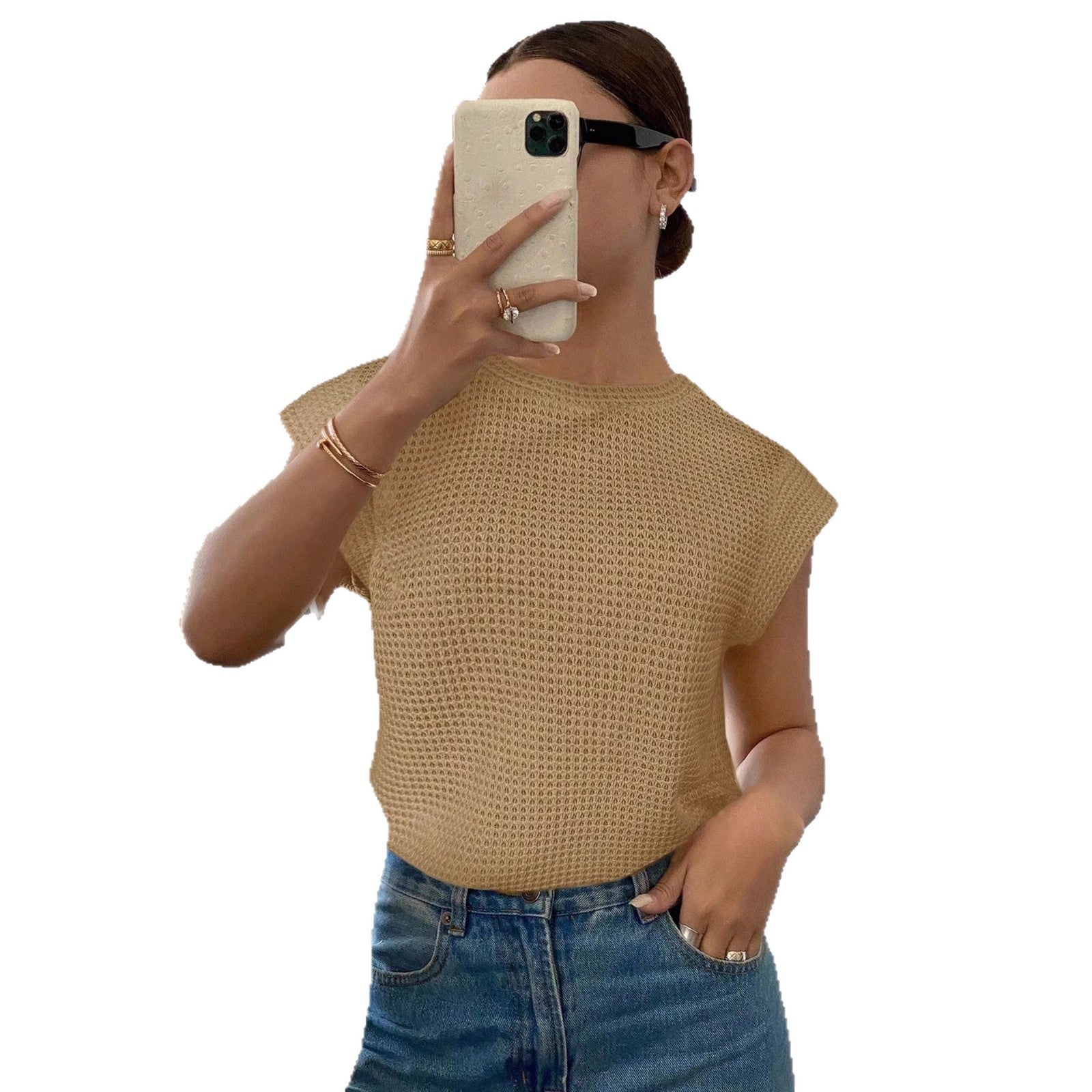 Womens Casual Crew-Neck Sleeveless Hollow-Out T-Shirt