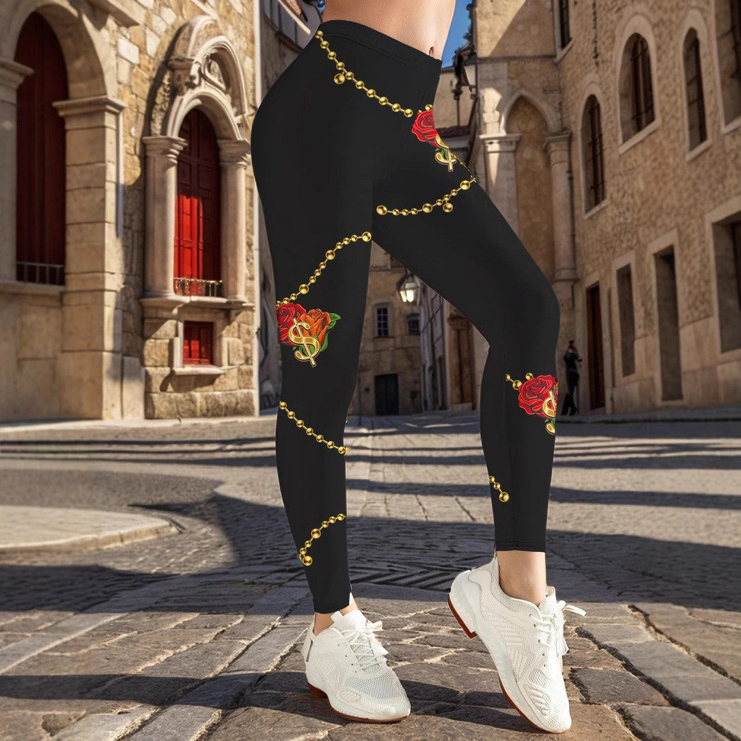 Rosed-print Leggings For Casual Wear In European And American Styles