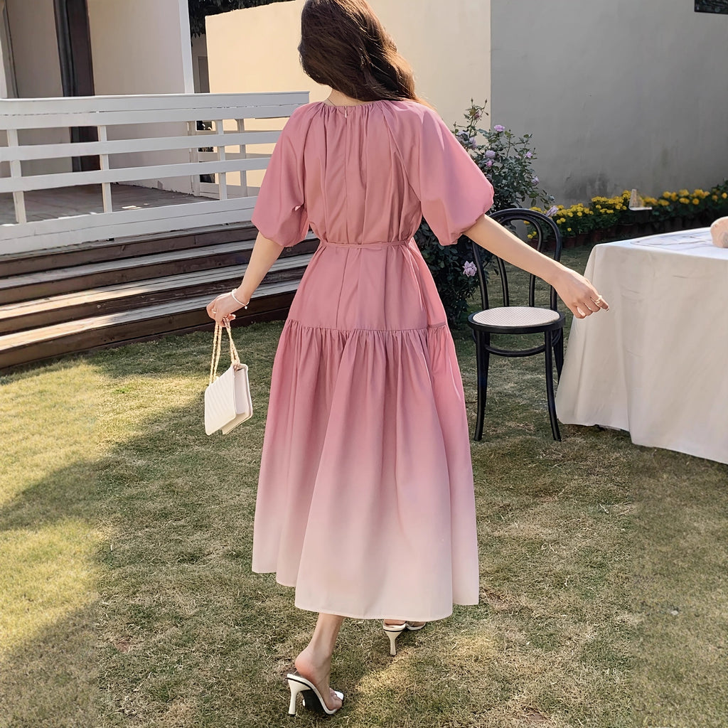 Bubble Sleeve Women's Mid-Length Waist-Cinching Elegant Dress