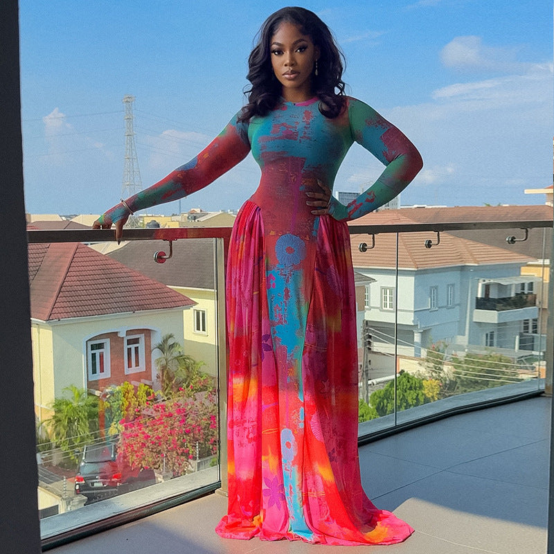 Retro Pleated Printed Patchwork Waist-cinching A-line Skirt