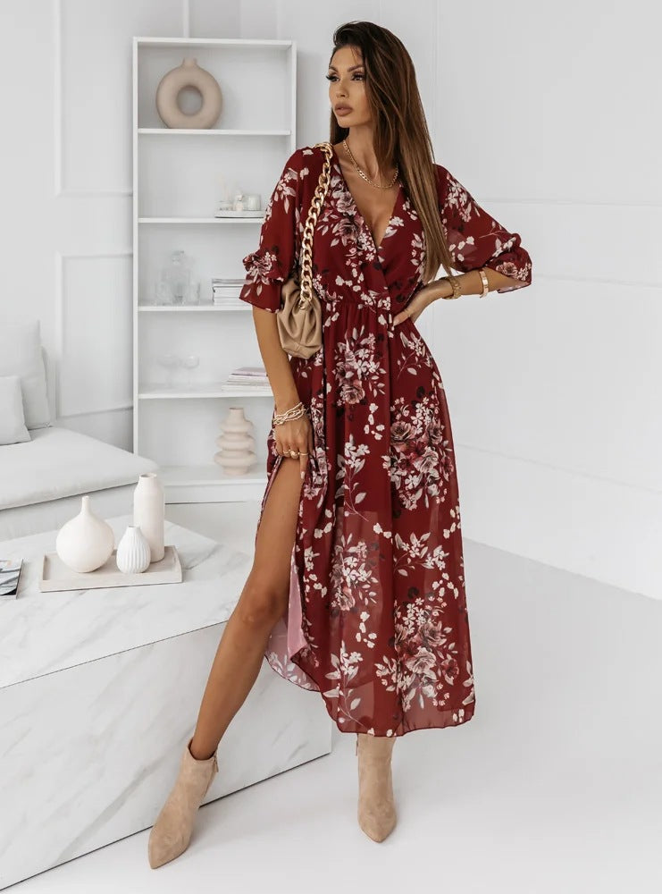 Fashion V-Neck Slim Side Slit Chiffon Print Dress