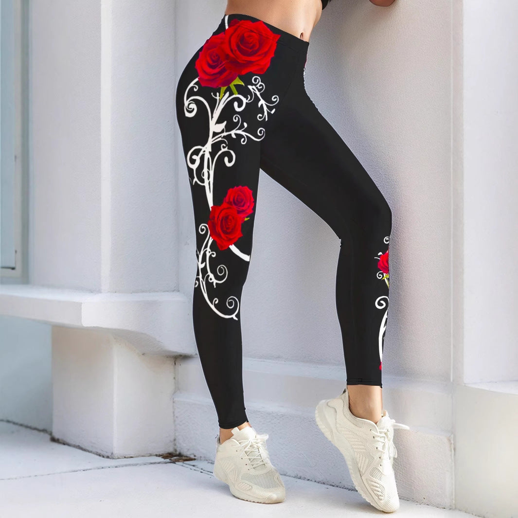 Rosed-print Leggings For Casual Wear In European And American Styles
