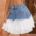 Elegant Womens Patchwork Asymmetrical Lace-trimmed Washed-jean Short