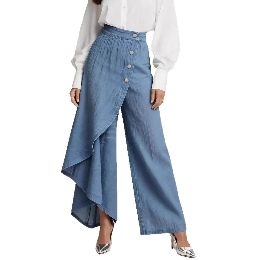 Womens Solid-Color Casual Denim-Style Printed Pants