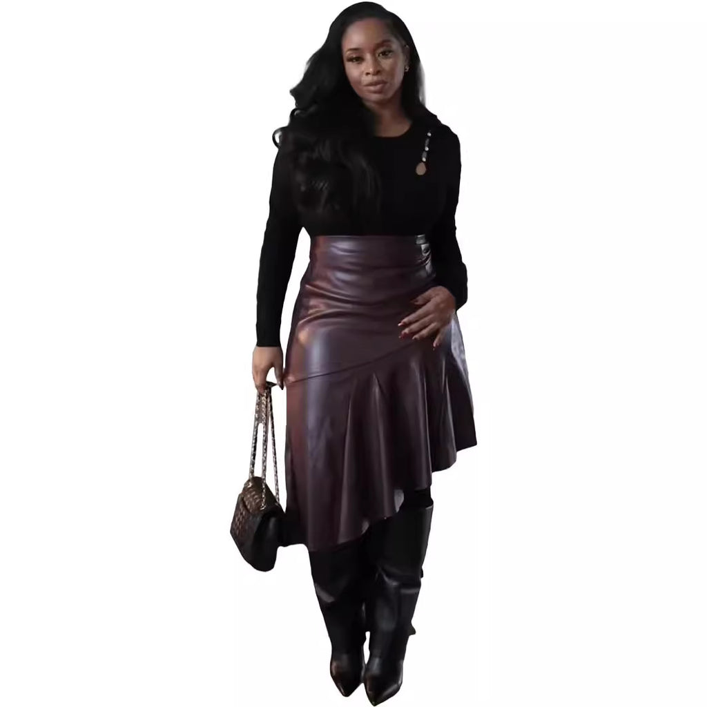 High-waisted Asymmetrical PU-patchwork Leather Skirt