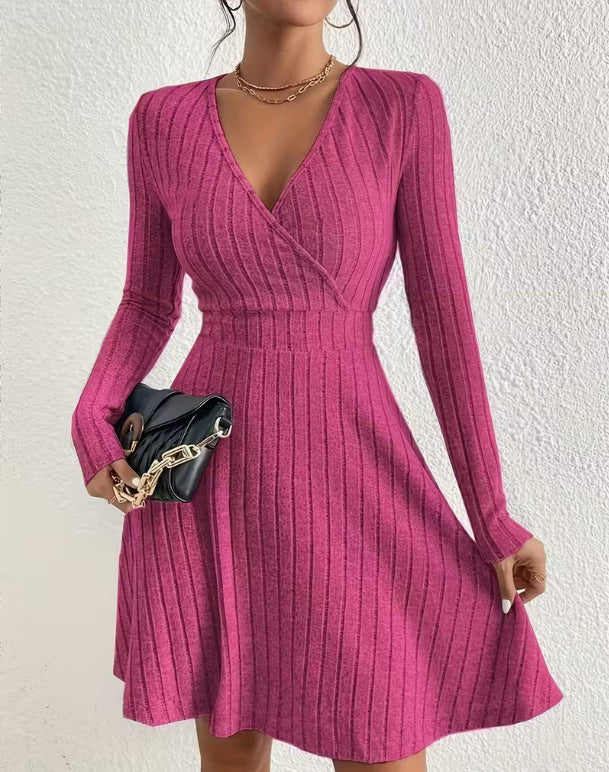 Elegant Long-sleeved Solid-color V-neck Waist-cinching Dress