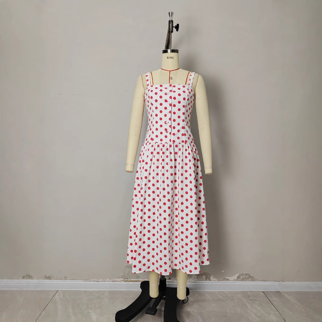 Elegant Figure-flattering Slip Dress With Polka Dots And A Cinched Waist