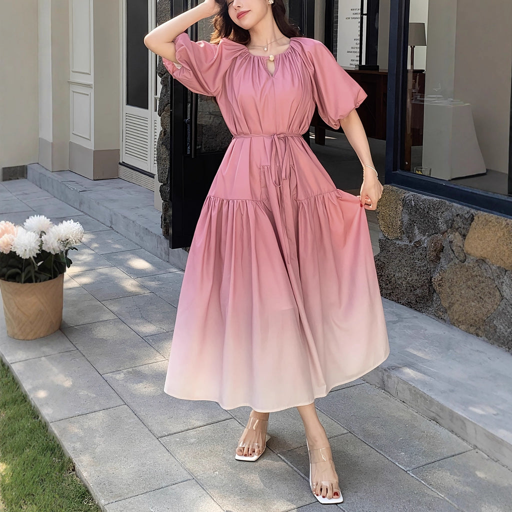 Bubble Sleeve Women's Mid-Length Waist-Cinching Elegant Dress