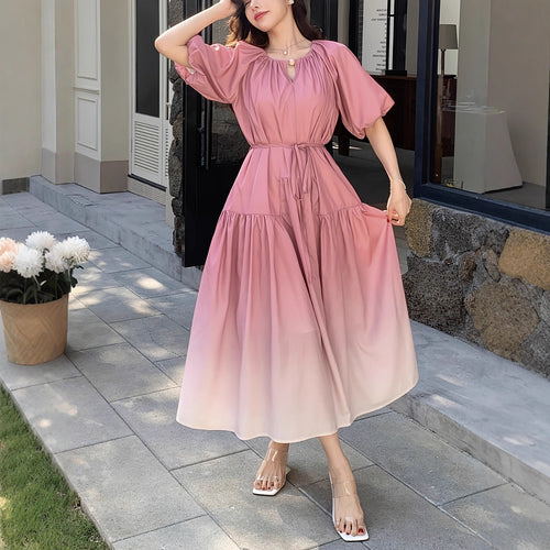 Bubble Sleeve Women's Mid-Length Waist-Cinching Elegant Dress