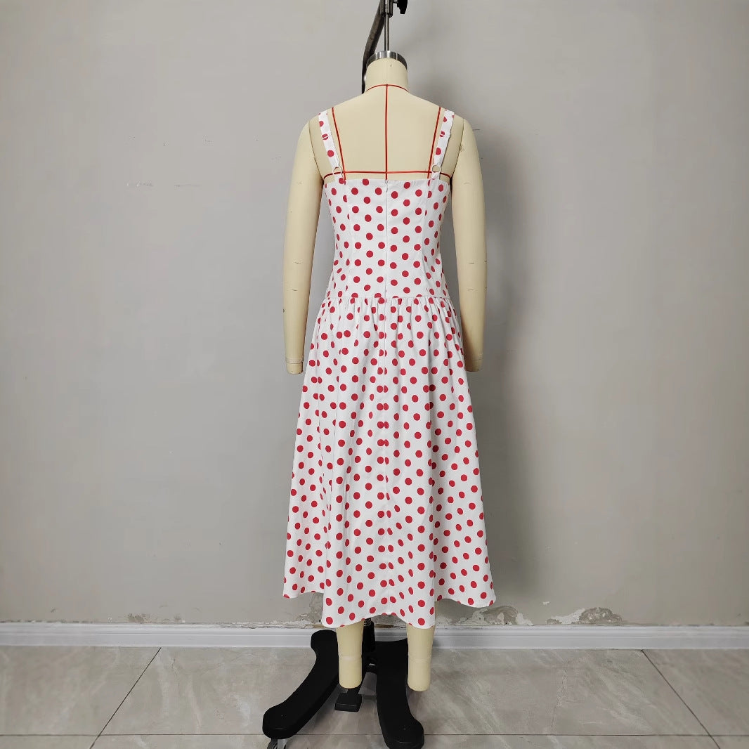 Elegant Figure-flattering Slip Dress With Polka Dots And A Cinched Waist