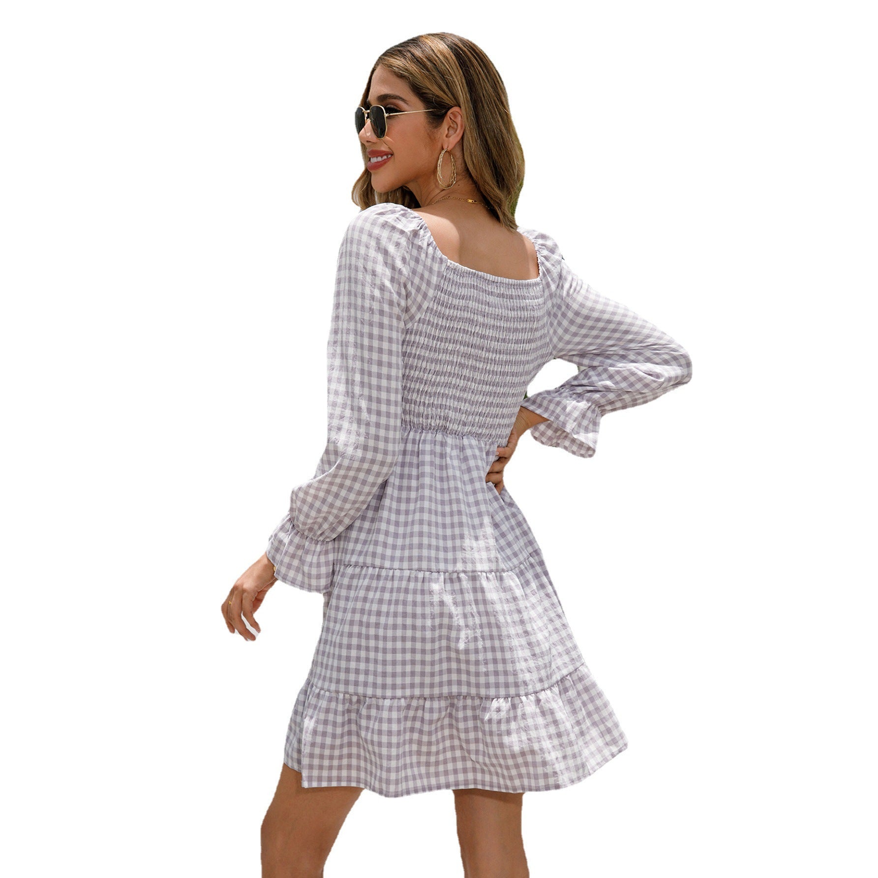 V-neck Smocking Simple Plaid A- Line Solid Color Dress Women