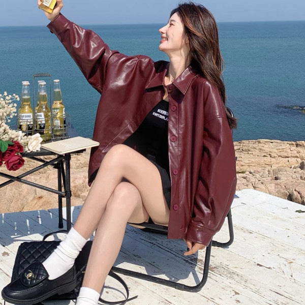 Short Relaxed Fit Retro Leather Jacket