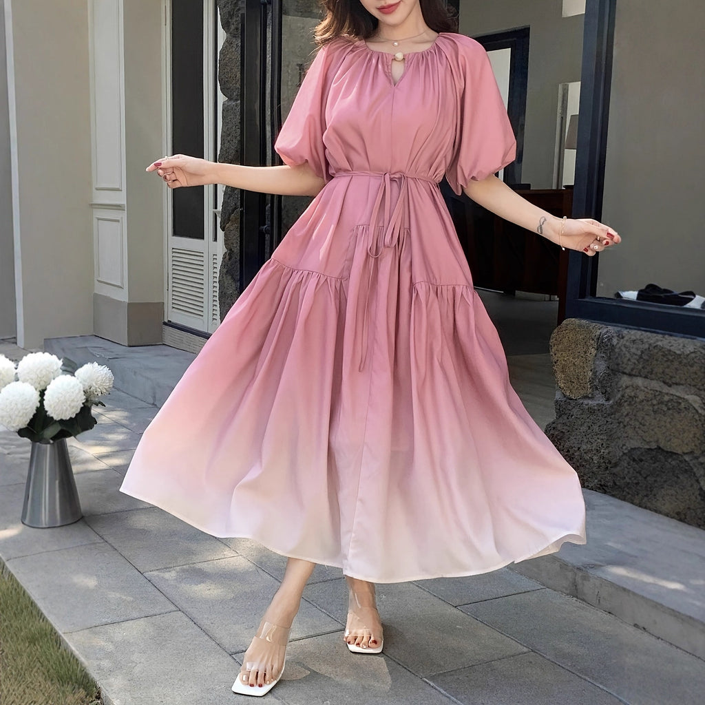 Bubble Sleeve Women's Mid-Length Waist-Cinching Elegant Dress