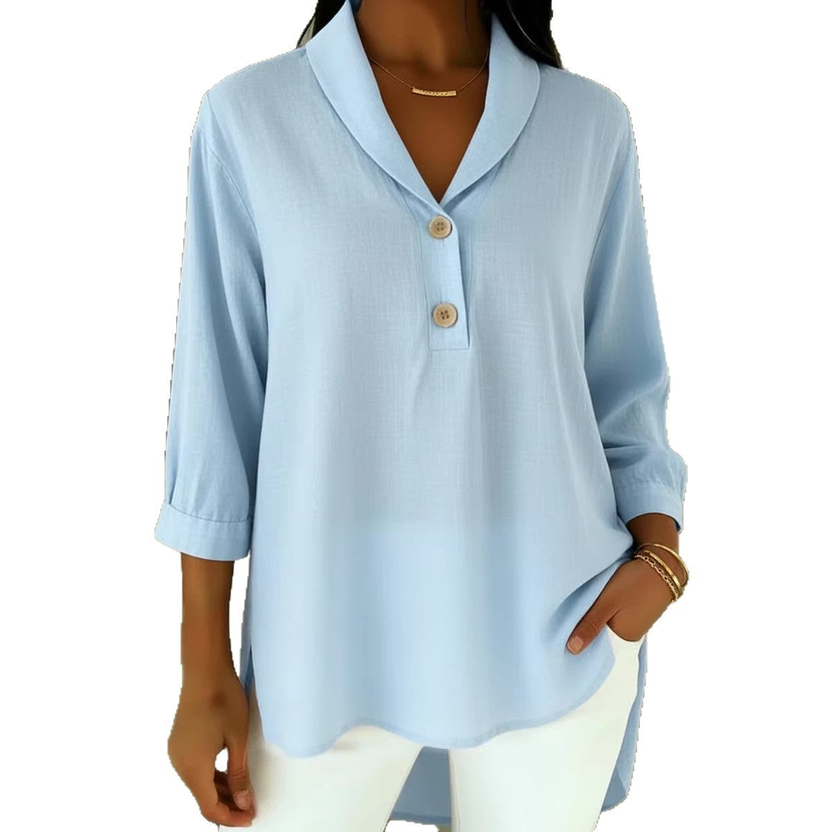 Womens Casual Loose-fitting Fashionable Button-up Shirt With A Peter Pan Collar