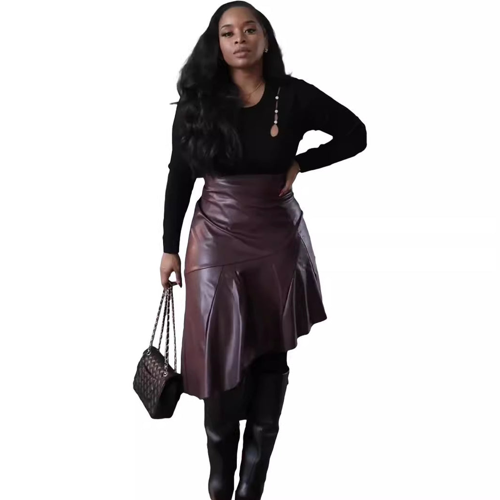 High-waisted Asymmetrical PU-patchwork Leather Skirt