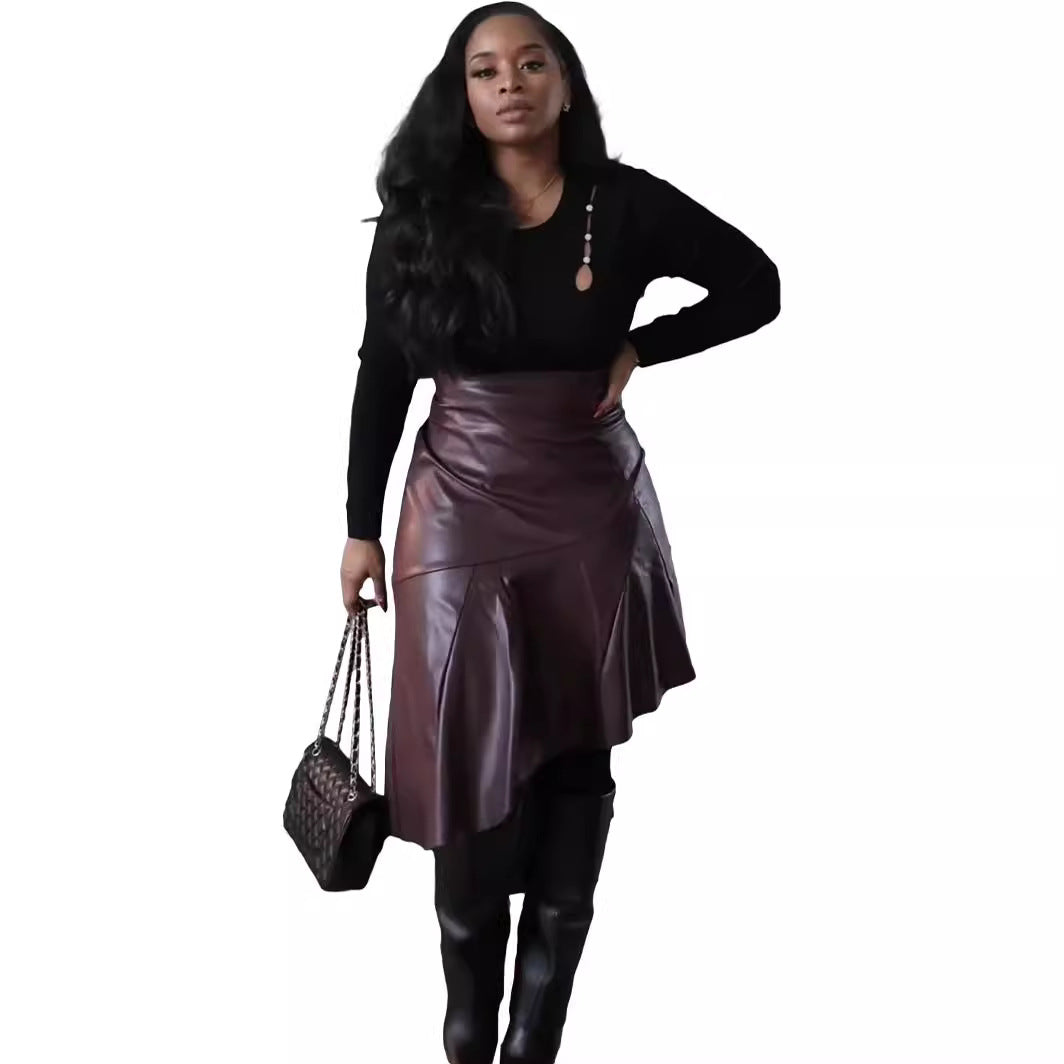 High-waisted Asymmetrical PU-patchwork Leather Skirt