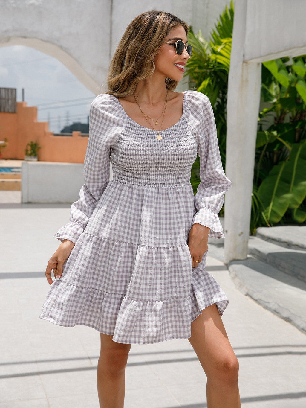 V-neck Smocking Simple Plaid A- Line Solid Color Dress Women