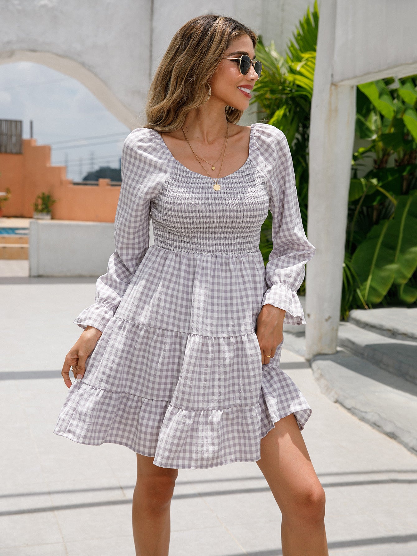V-neck Smocking Simple Plaid A- Line Solid Color Dress Women