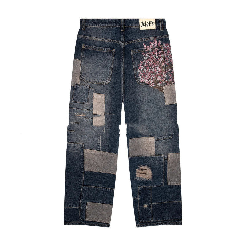 3D Digital-print Floral Faux Denim Straight-leg Floor-length Pants