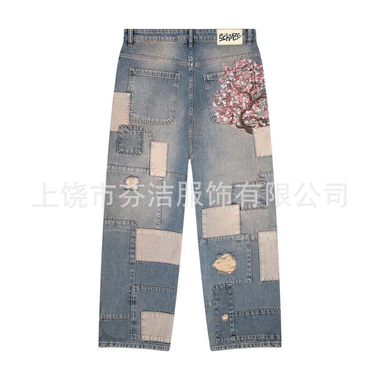 3D Digital-print Floral Faux Denim Straight-leg Floor-length Pants