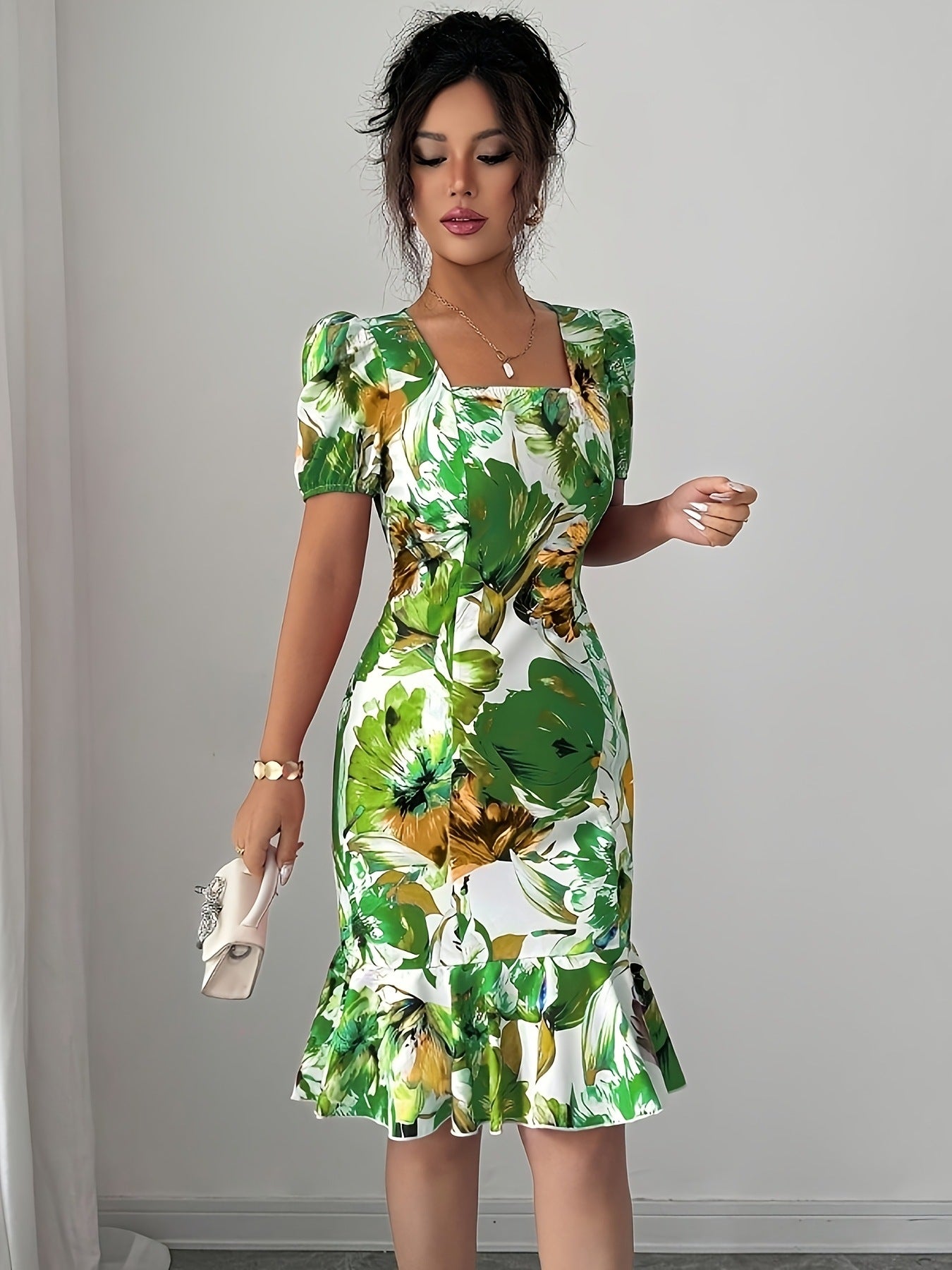 Womens Retro Square-Neck Puff-Sleeve Waist-Cinching Ruffle-Trim Dress